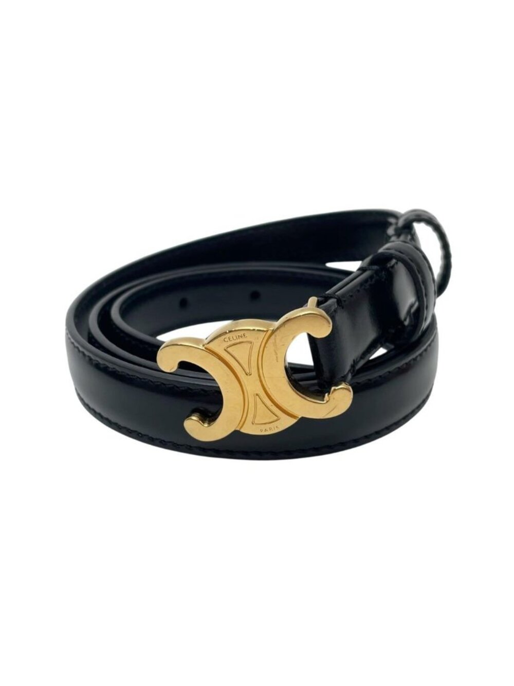 Celine Leather Triomphe Buckle Gold Belt Black